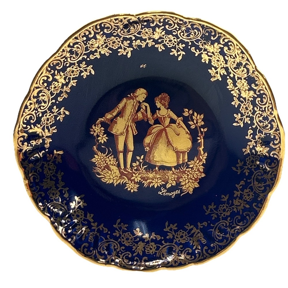 Vintage Limoges France Cobalt Blue With Gold Accents Porcelain Miniature Plate